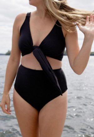 Front view of straight size model wearing Black Scoop Wrap Top.