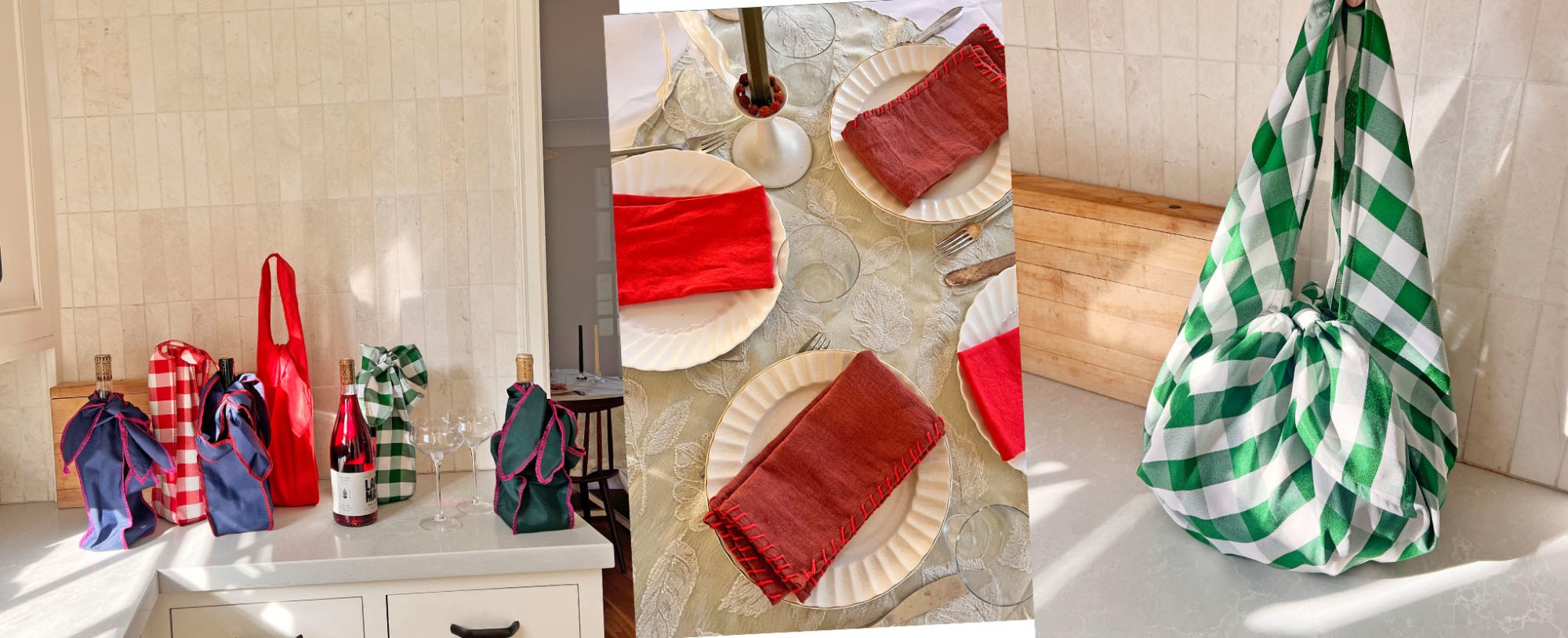 three images of wine totes, napkins and culinary carrier