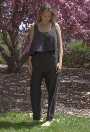 Front view of straight size model in Easy Tapered Pant in Black Lyocell and matching Black Linen Baby Tank
