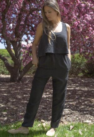 Front view of straight size model in Easy Tapered Pant in Black Lyocell and matching Black Linen Baby Tank