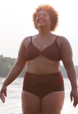Front view of plus size model wearing Fig High-Waisted Bikini Bottoms.