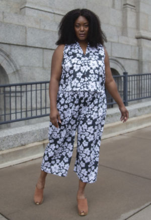 Front view of plus size model wearing Easy Wide-Leg Pant in Jungle Green Floral.