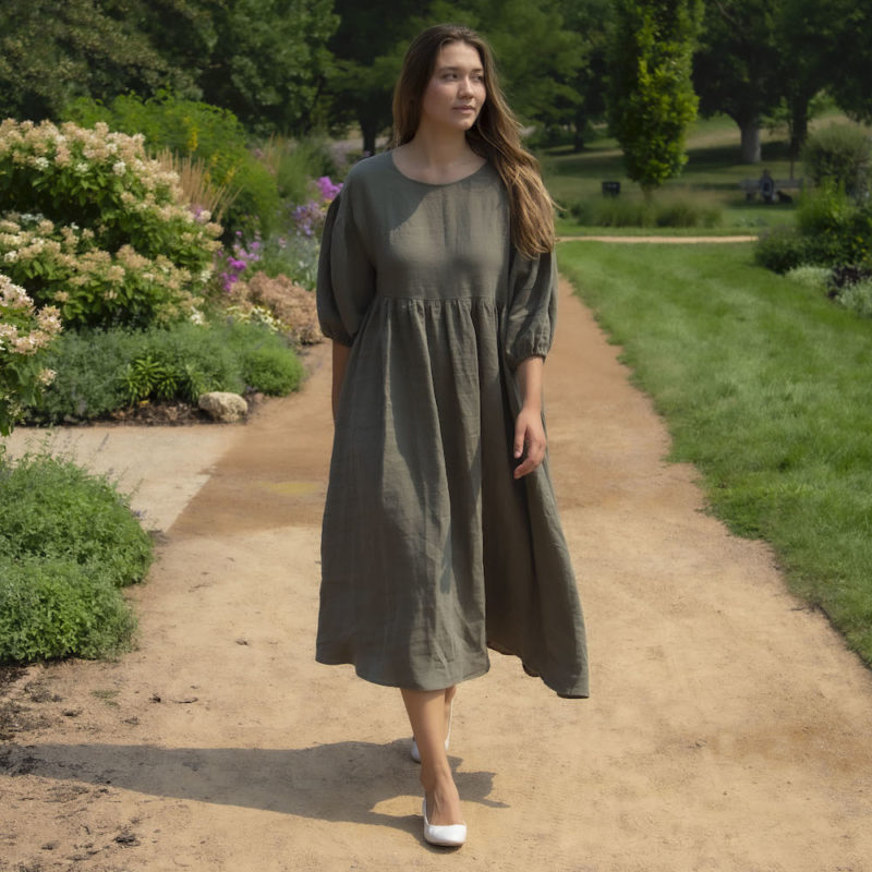 Front view of straight size model in Oversized Dress in Moss Linen.