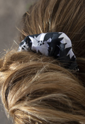 Close up of small scrunchie in Jungle Green Floral.