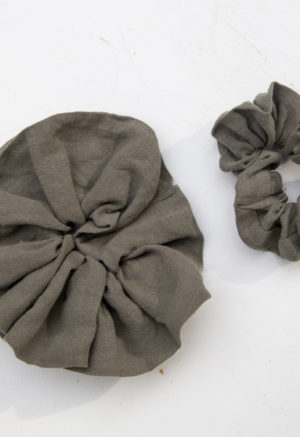 Product shot of Large and Small Scrunchies in Moss Linen.