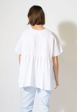 Back view of straight size model wearing Sample 519 in white cotton.