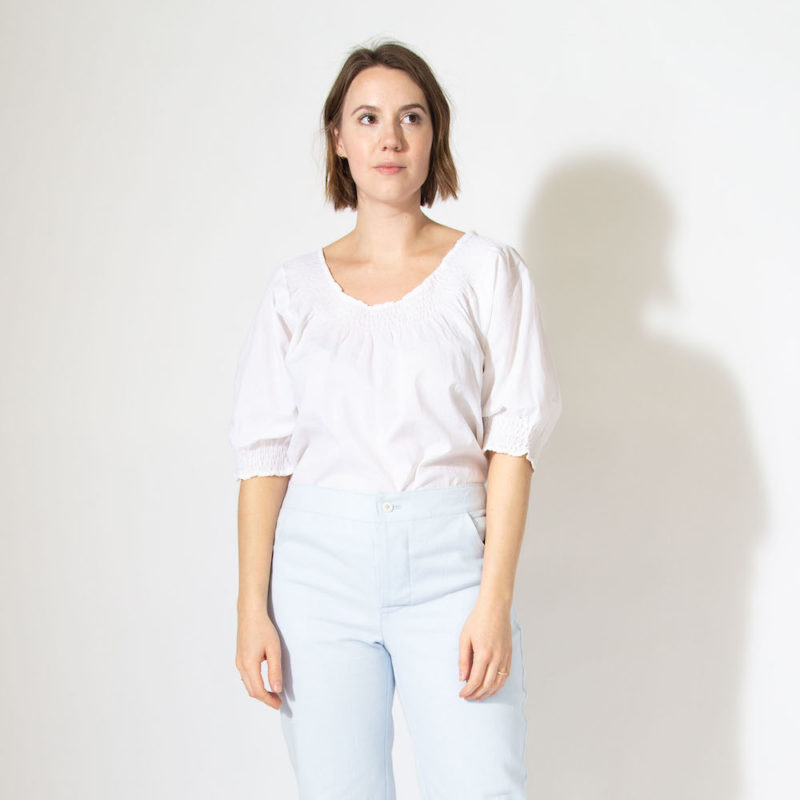 Front view of straight size model wearing Sample 514 in white cotton.