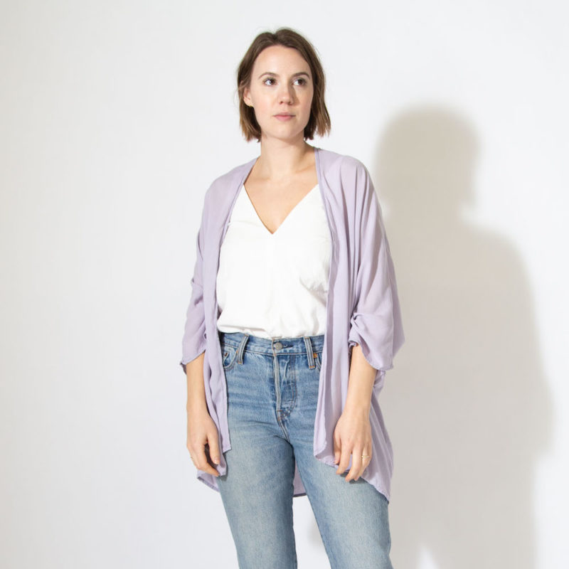 Front view of straight size model wearing Easy Jacket in lilac.