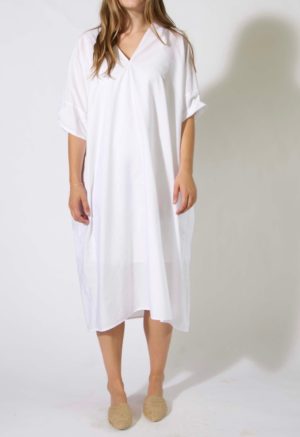Front view of straight size model wearing sample 504 in white cotton.