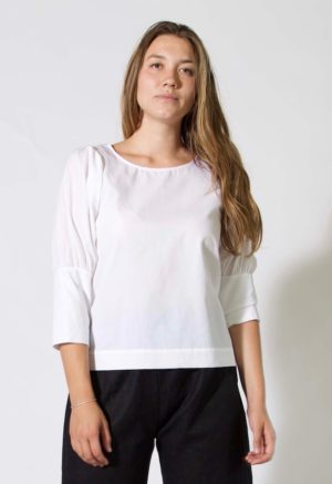 Front view of straight size model wearing sample 508 in white cotton.
