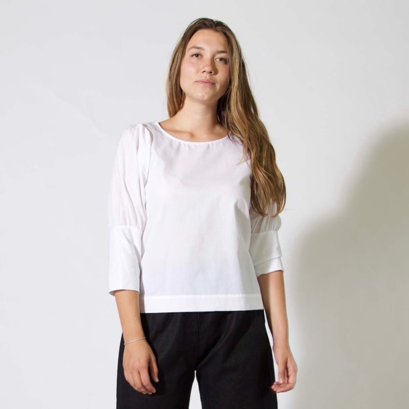 Front view of straight size model wearing sample 508 in white cotton.
