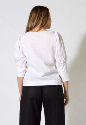 Back view of straight size model wearing sample 508 in white cotton.
