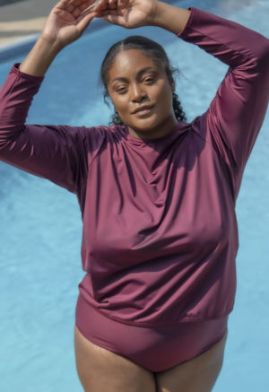 Front view of plus size model wearing Rash Guard in Fig.