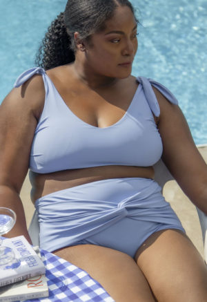 Front view of plus size model wearing Shoulder Tie Top in Periwinkle.