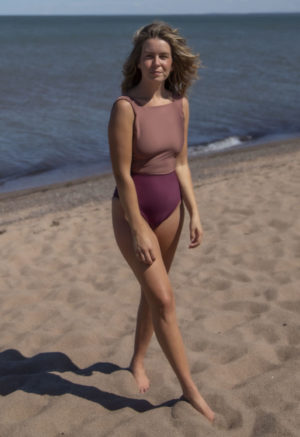 Front view of straight size model wearing Two Tone Overall One Piece in Chestnut and Fig.