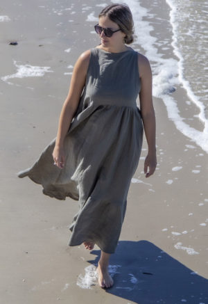Front view of straight size model wearing Boatneck Tank Dress in Moss Linen