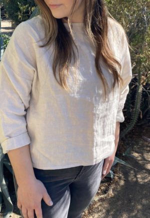 Front view of straight size model wearing Cropped Pullover in Oatmeal Linen