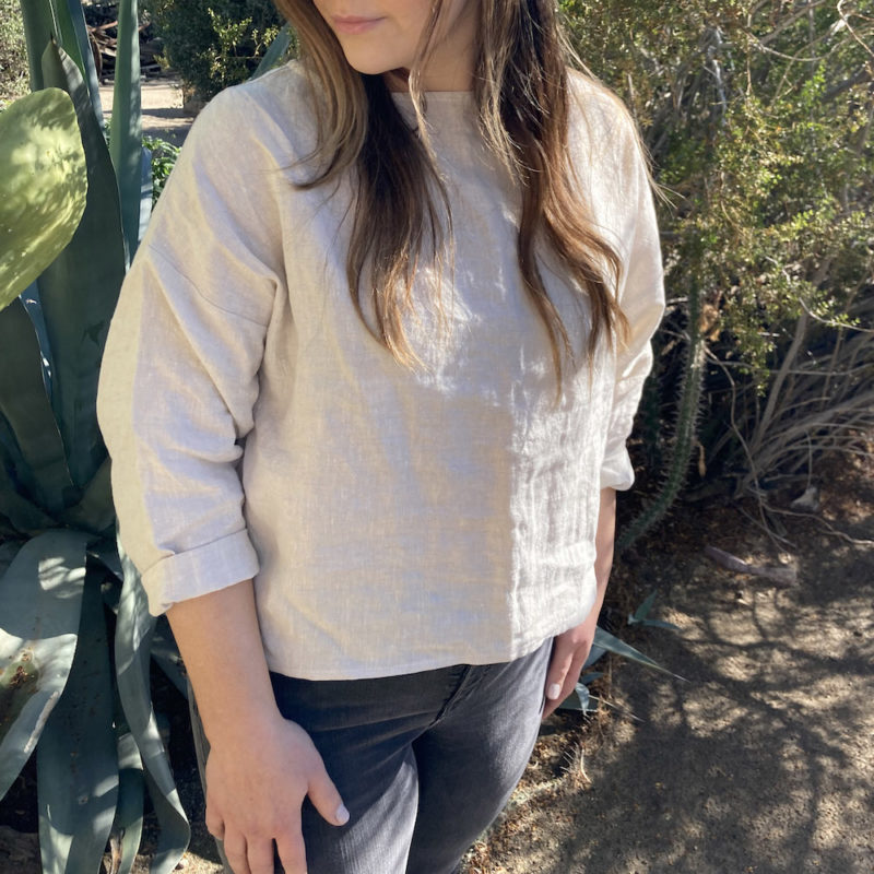 Front view of straight size model wearing Cropped Pullover in Oatmeal Linen