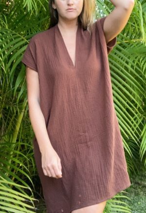 Front view of straight size model wearing Double V Kaftan in Raisin Cotton