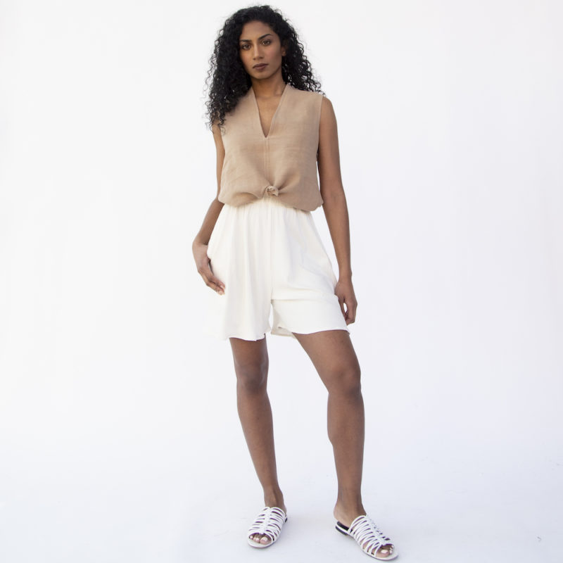 Front view of straight size model wearing Easy Ribbed Short in Ivory Rib.