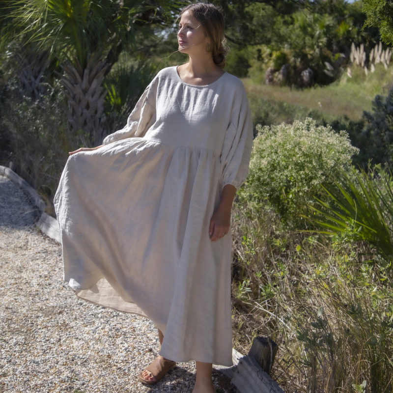 Front view of straight size model wearing Oversized Dress in Oatmeal Linen.