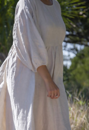 Front view of straight size model wearing Oversized Dress in Oatmeal Linen.