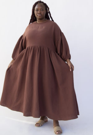 Front view of plus size model wearing Oversized Dress in Raisin Cotton.