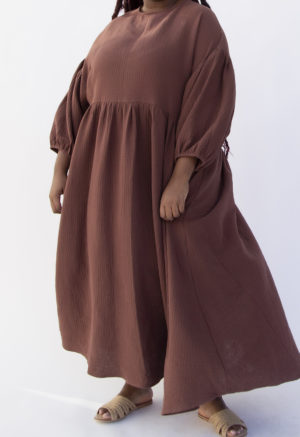 Front view of plus size model wearing Oversized Dress in Raisin Cotton.