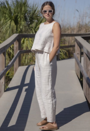 Front view of straight size model wearing Reversible Scoop Tank in Oatmeal Linen.