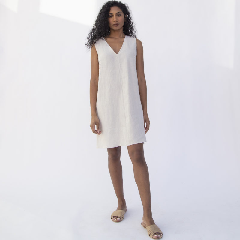 Front view of straight size model wearing Shift Dress in Oatmeal Linen.