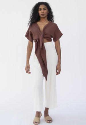Front view of straight size model wearing Short Sleeve Tie Top in Raisin.