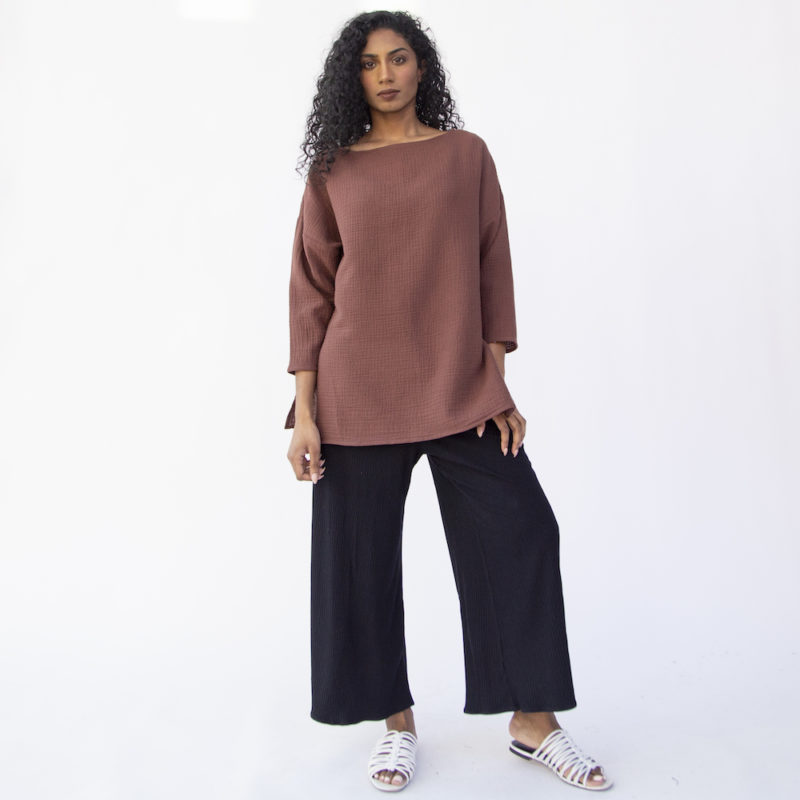 Front view of straight size model wearing Tunic Pullover in Raisin Cotton.