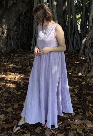 Front view of straight size model wearing Lilac Linen Boatneck Tank Dress.