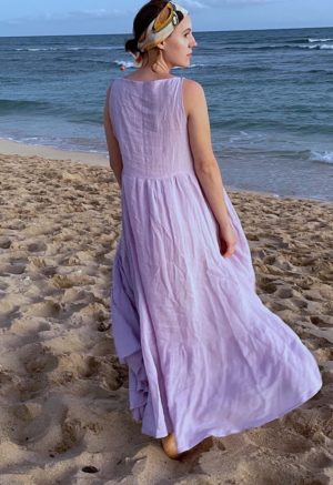 Back view of straight size model wearing Lilac Linen Boatneck Tank Dress.
