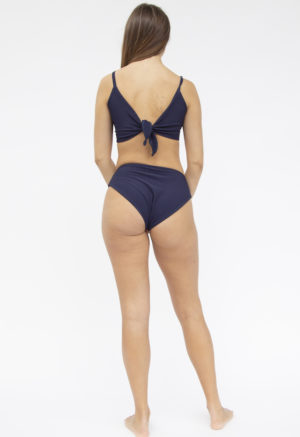 Back shot of straight size model in Two-Way Top and Bikini Bottoms in Indigo Rib.