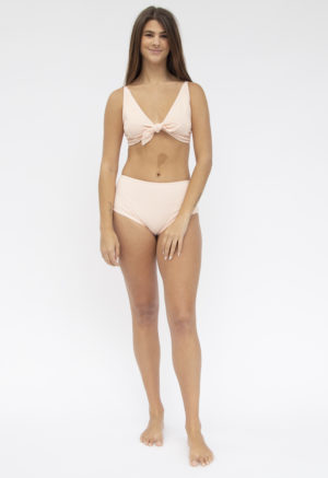 Front shot of straight size model in Tear Drop Tie Top and Hipster Bottoms in Petal Pink Rib.