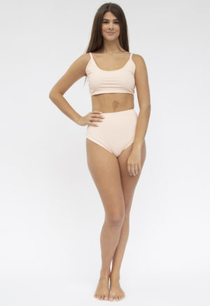 Front shot of straight size model in Two-Way Top and High-Waisted Bikini Bottoms in Petal Pink Rib.