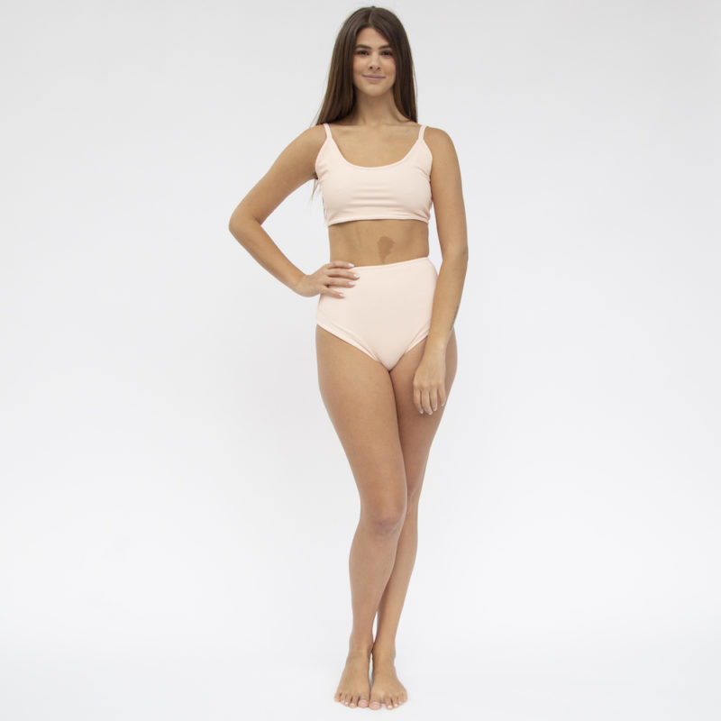 Front shot of straight size model in Two-Way Top and High-Waisted Bikini Bottoms in Petal Pink Rib.