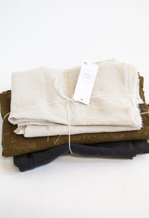 Quilt Scraps including Oatmeal Linen, Olive Floral and Black Linen.