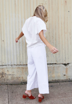 Back view of straight size model wearing White Easy Wide-Leg Pants with Back Pockets.