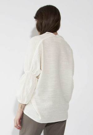 Back view of straight size model wearing White Thelma top.