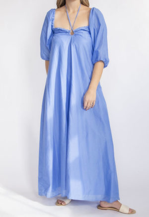 Front view of straight size model wearing Cerulean Blue Keyhole Maxi Dress.