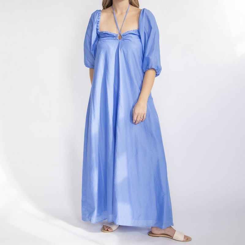 Front view of straight size model wearing Cerulean Blue Keyhole Maxi Dress.