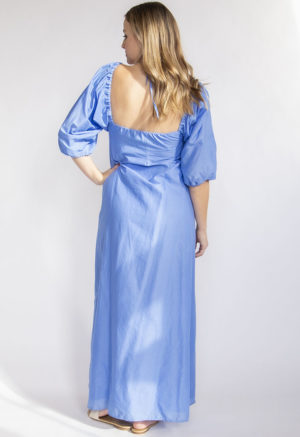 Back view of straight size model wearing Cerulean Blue Keyhole Maxi Dress.