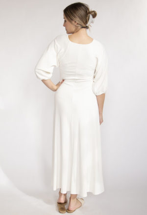 Back view of straight size model wearing Ivory Rib Square Neck Maxi Dress.