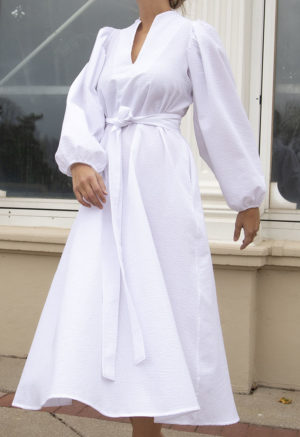 Front view of straight size model wearing White Seersucker High Collar Dress.