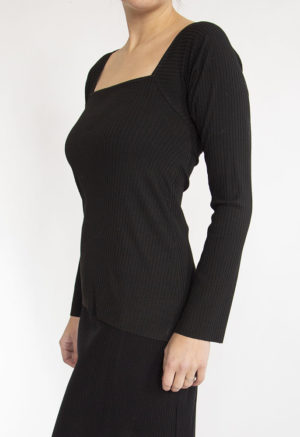 Close-up front view of straight size model wearing Black Rib Square-Neck Long Sleeve Top.