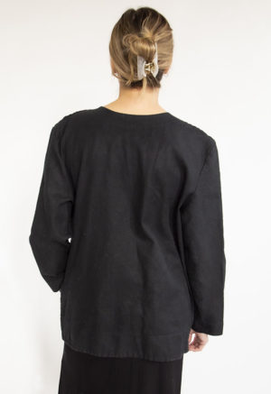 Back view of straight size model wearing Black Button-Down Scoop Neck Jacket.