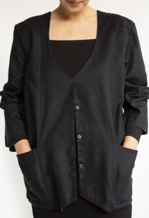 Front view of straight size model wearing Black Button-Down Scoop Neck Jacket.