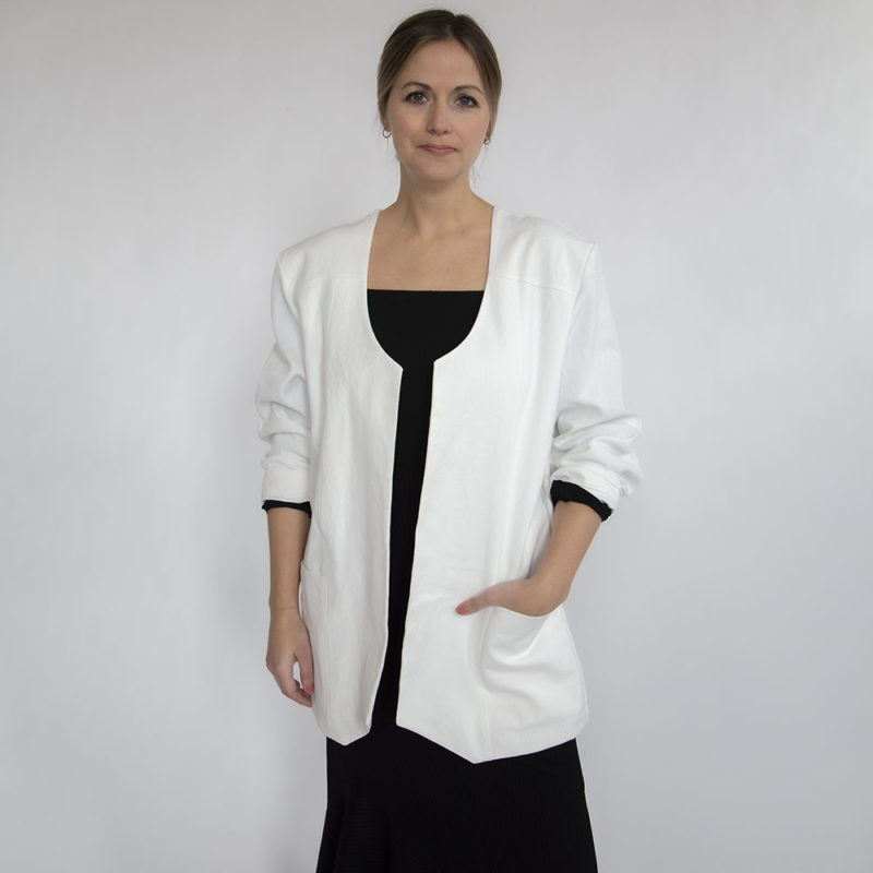 Front view of straight size model wearing White Scoop Neck Jacket.